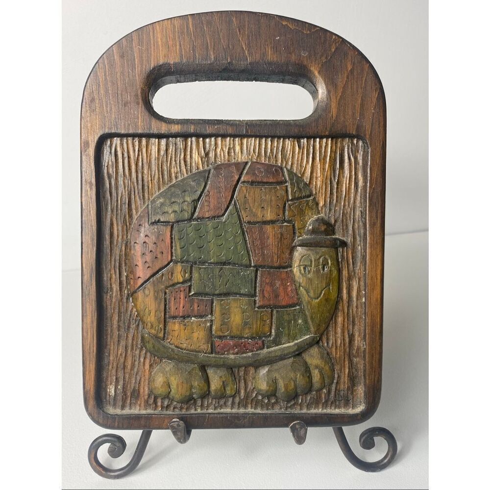 Vintage Handcrafted Wood Wall Art Turtle Folk Art Plaque Signed Susan Ulrich MI